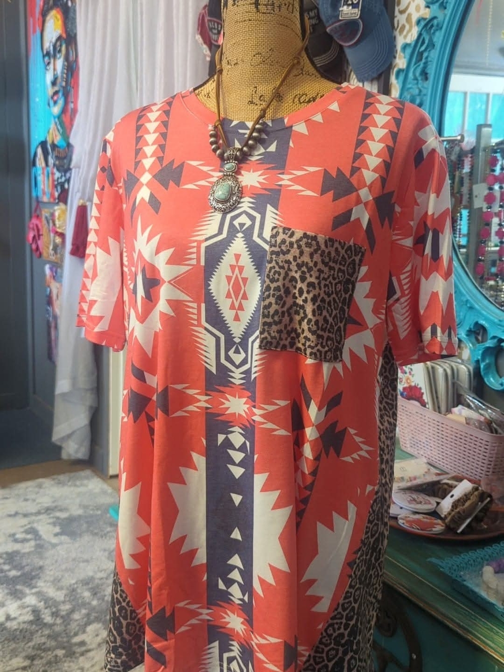 Coral Aztec Print Short Sleeve Blouse with Leopard Pocket